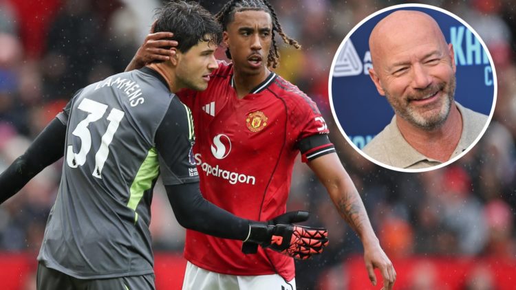 Leny Yoro congratulates Senne Lammens during Manchester United's win against Sunderland at Old Trafford, alongside an inset of TV pundit Alan Shear...