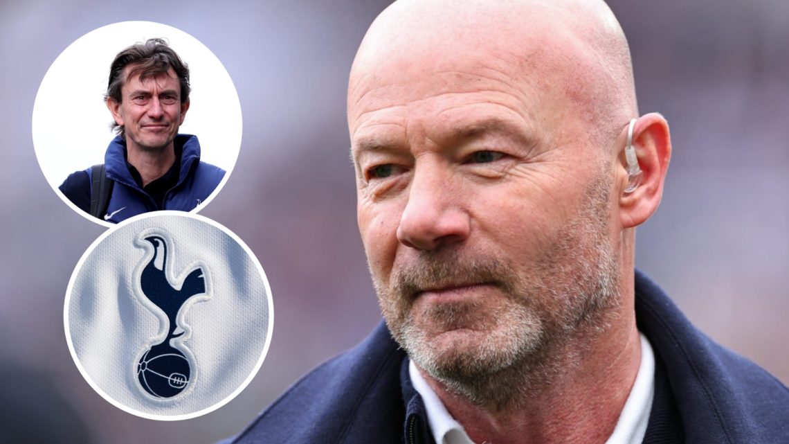 Alan Shearer ahead of Premier League match. Inset of Tottenham Hotspur badge and Thomas Frank.