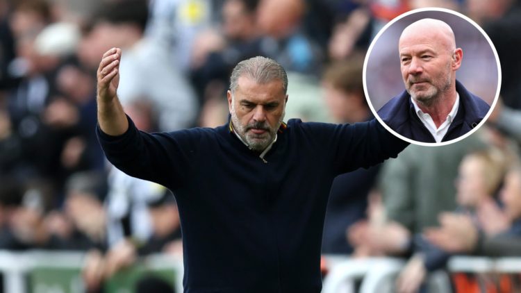 Ange Postecoglou looks frustrated (left) with Alan Shearer doing punditry overlayed (right)