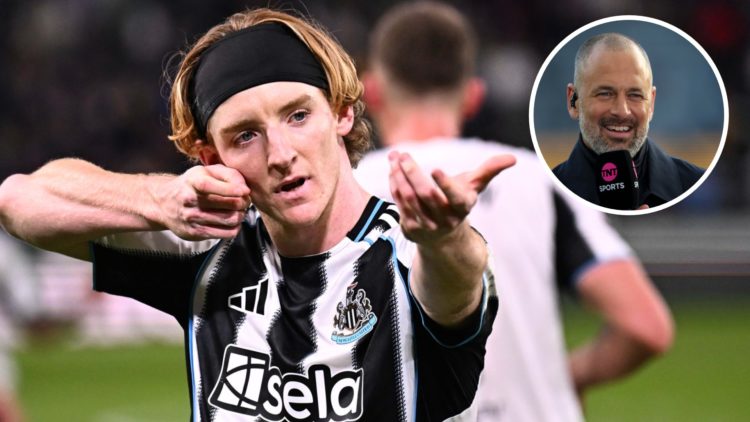 Gordon Anthony forward of Newcastle United celebrates scoring a goal during the UEFA Champions League 2025/26 League Phase MD2 match between Royale...