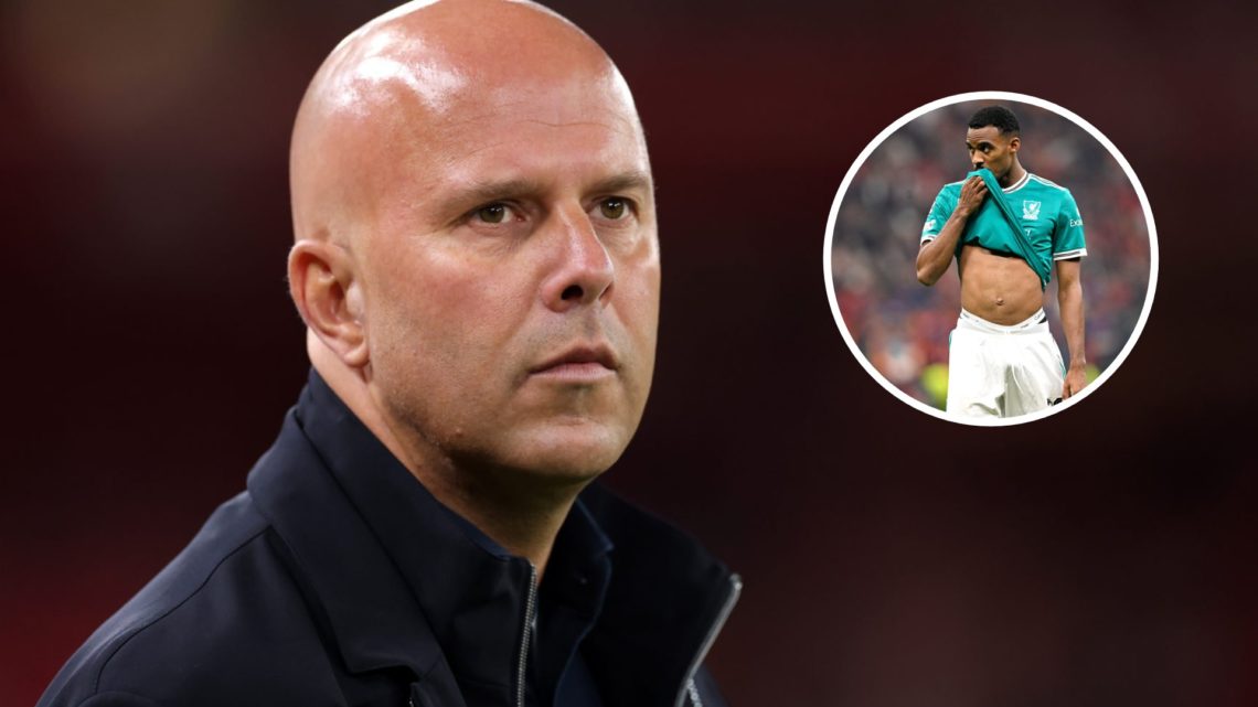 Arne Slot, Manager of Liverpool, looks on prior to the Carabao Cup Third Round match between Liverpool and Southampton at Anfield (Left) Ryan Grave...
