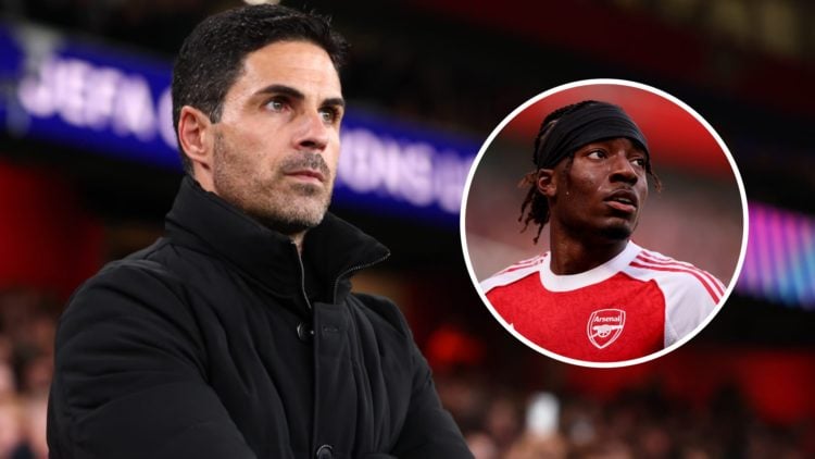Mikel Arteta alongside Arsenal winger Noni Madueke.