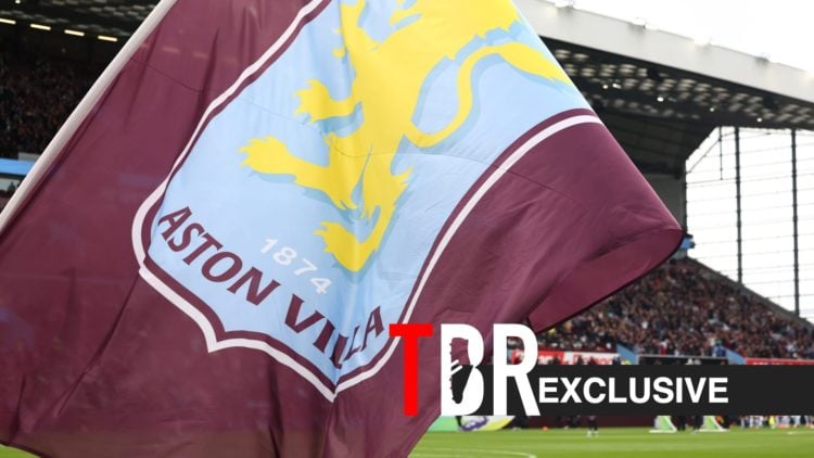 Aston Villa flag displayed ahead of a Premier League clash between Aston Villa and Burnley, TBR logo and exclusive label inset