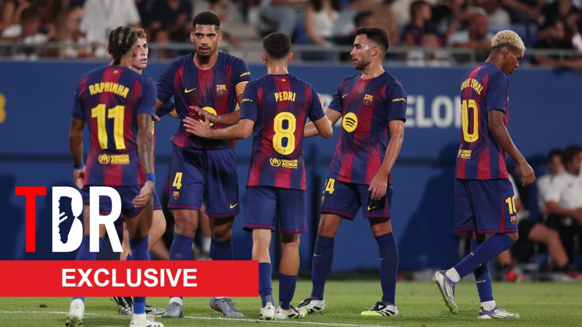 Barcelona players celebrate goal, including Chelsea target Eric Garcia.