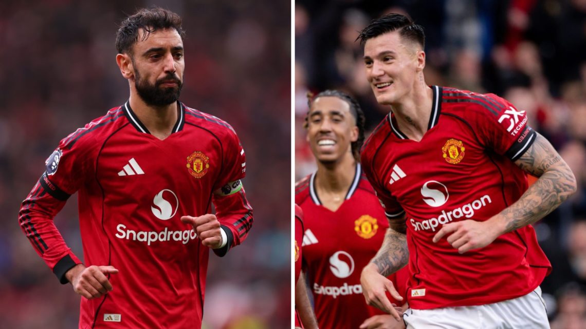 Bruno Fernandes (left) and Benjamin Sesko (right) in action for Manchester United during the 2-0 win against Sunderland at Old Trafford