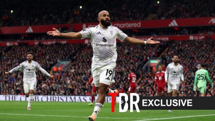 Bryan Mbeumo of Manchester United celebrates against Liverpool at Anfield