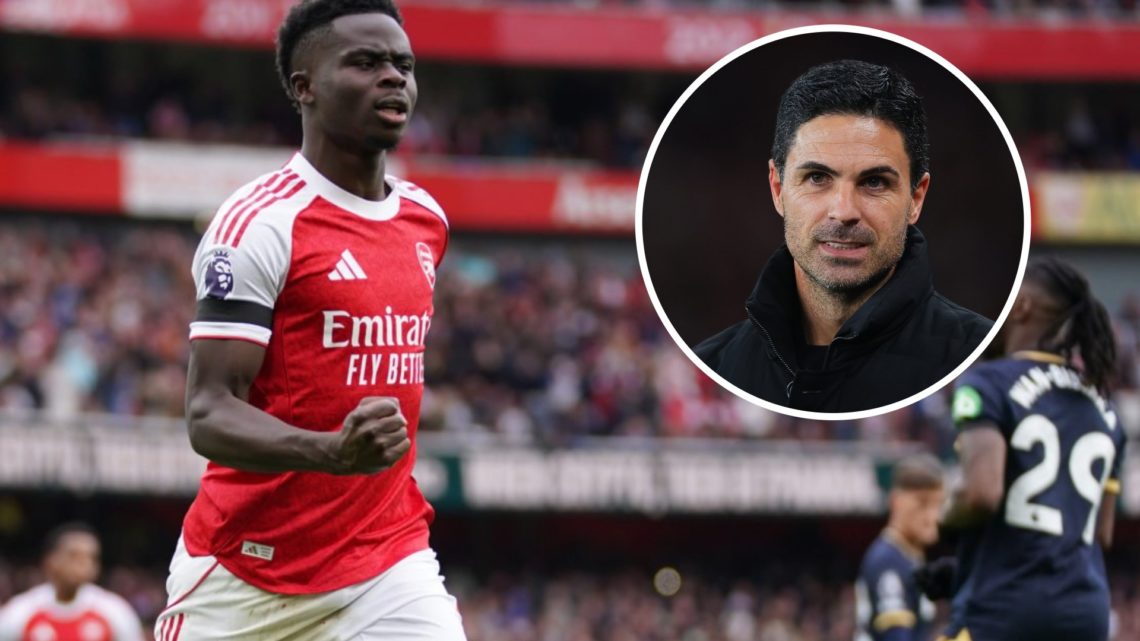 Bukayo Saka celebrates scoring his goal in Arsenal's victory against West Ham, alongside an inset of head coach Mikel Arteta (top right)
