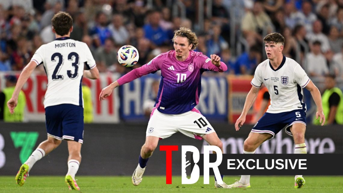 Germany striker Nick Woltemade looks on while under pressure from England defender Charlie Cresswell during the UEFA U-21 European Championship final