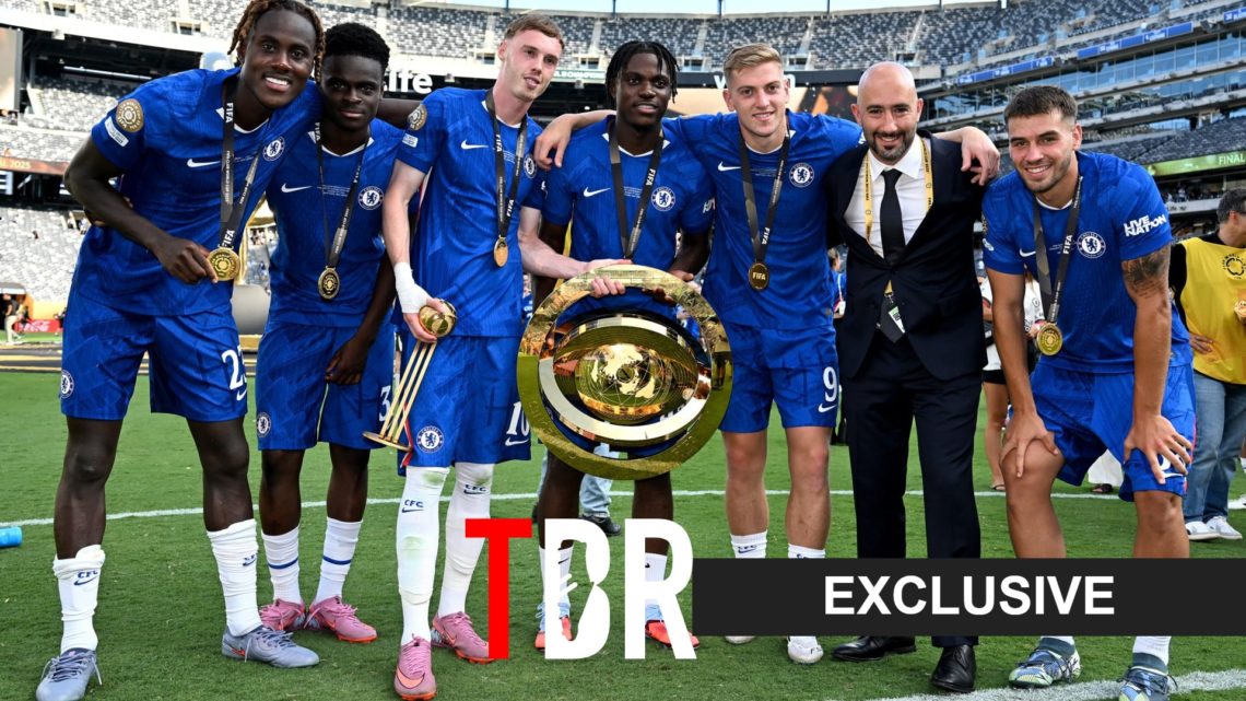 Chelsea celebrating winning the Club World Cup with the TBR exclusive tag overlayed (bottom right)