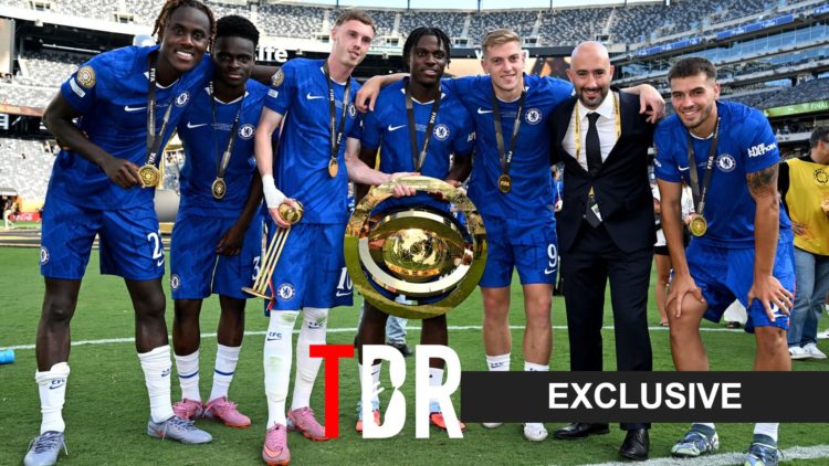 Chelsea celebrating winning the Club World Cup with the TBR exclusive tag overlayed (bottom right)