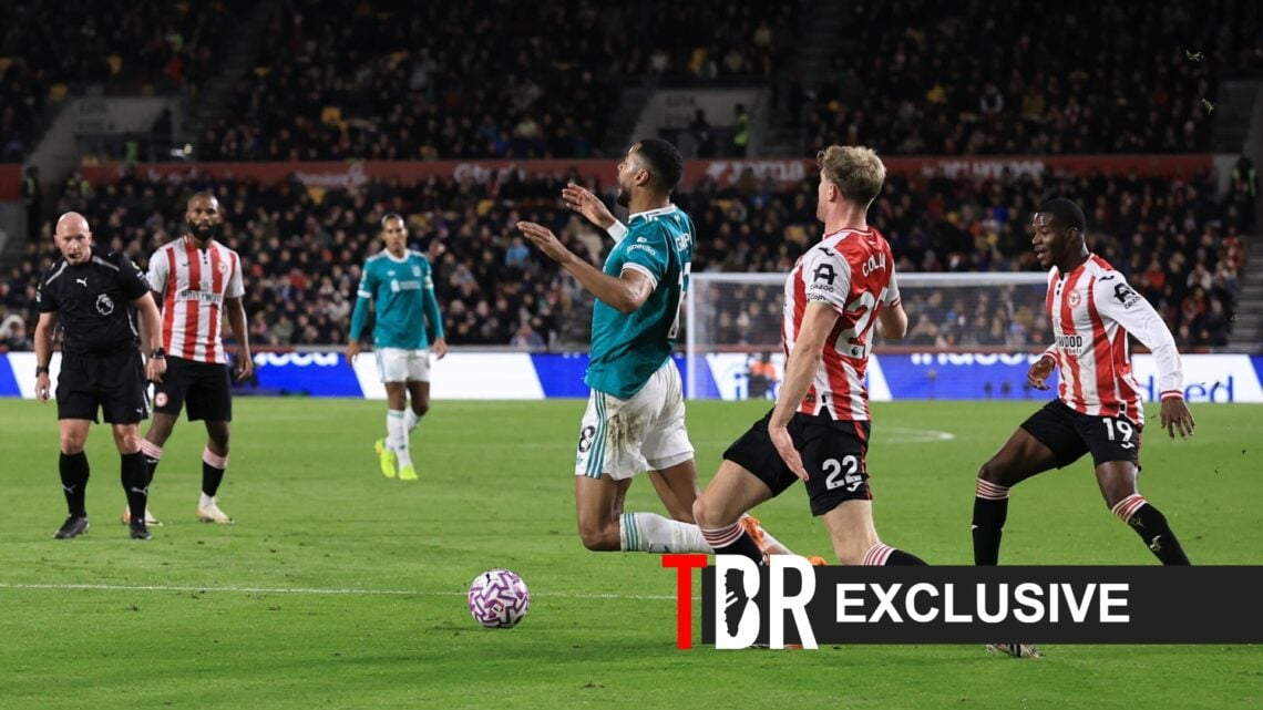 Cody Gakpo of Liverpool falls down in the box during Liverpool vs Brentford