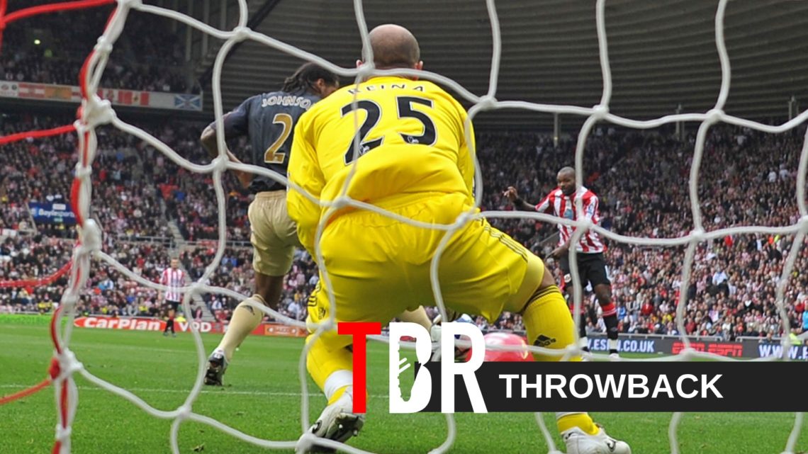 Sunderland's English forward Darren Bent (R) shoots and his shot hits a red beach-ball and deflects into the net for the only goal of the English P...