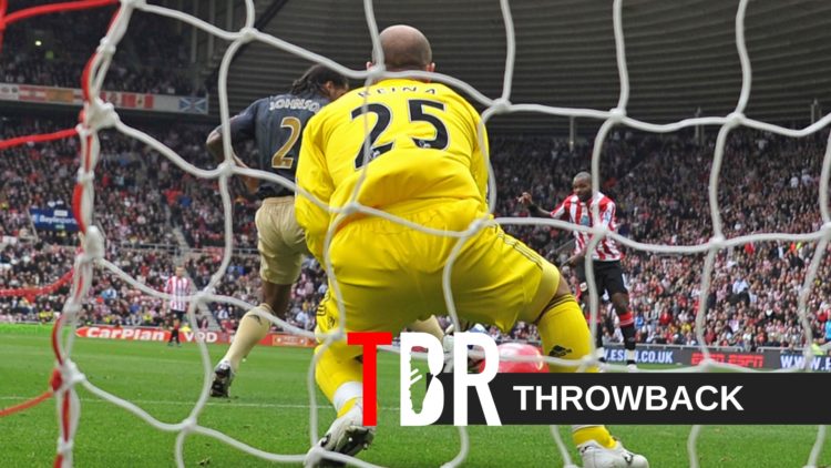 Sunderland's English forward Darren Bent (R) shoots and his shot hits a red beach-ball and deflects into the net for the only goal of the English P...