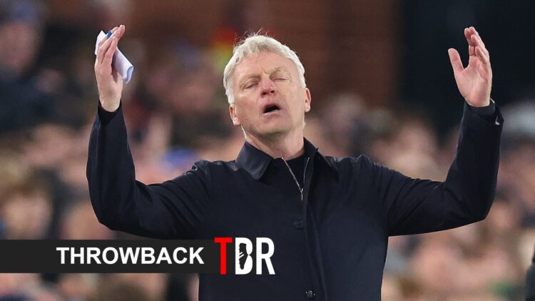 Everton manager David Moyes, with throwback banner overlaid.