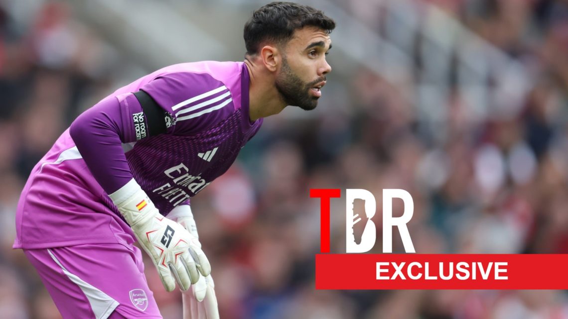 An image of David Raya during an Arsenal match alongside an exclusive TBR banner