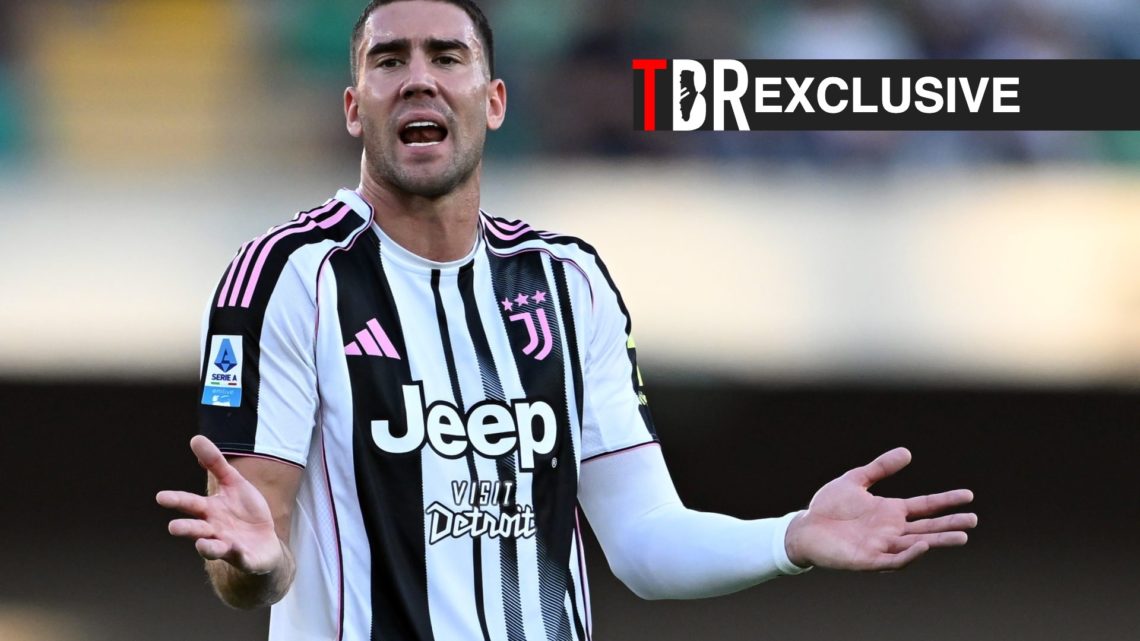Dusan Vlahovic in action for Juventus during a Serie A clash against Hellas Verona, TBR logo and exclusive label inset
