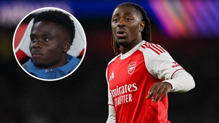 Eberechi Eze in action for Arsenal during their Champions League win against Olympiacos at the Emirates, alongside a inset of Bukayo Saka on the be...