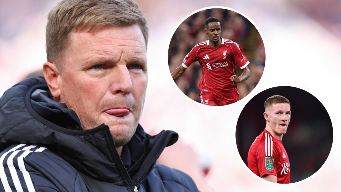 Eddie Howe (left) looks on, Alexander Isak and Elliot Anderson images (right)