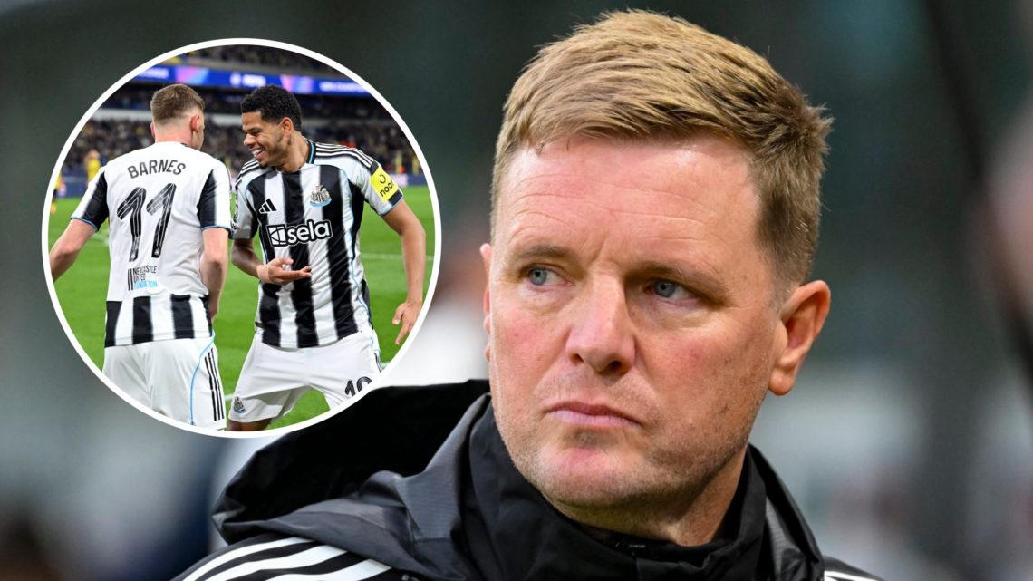 Eddie Howe looks on during Newcastle United's match with Union Saint-Gilloise, as William Osula celebrates