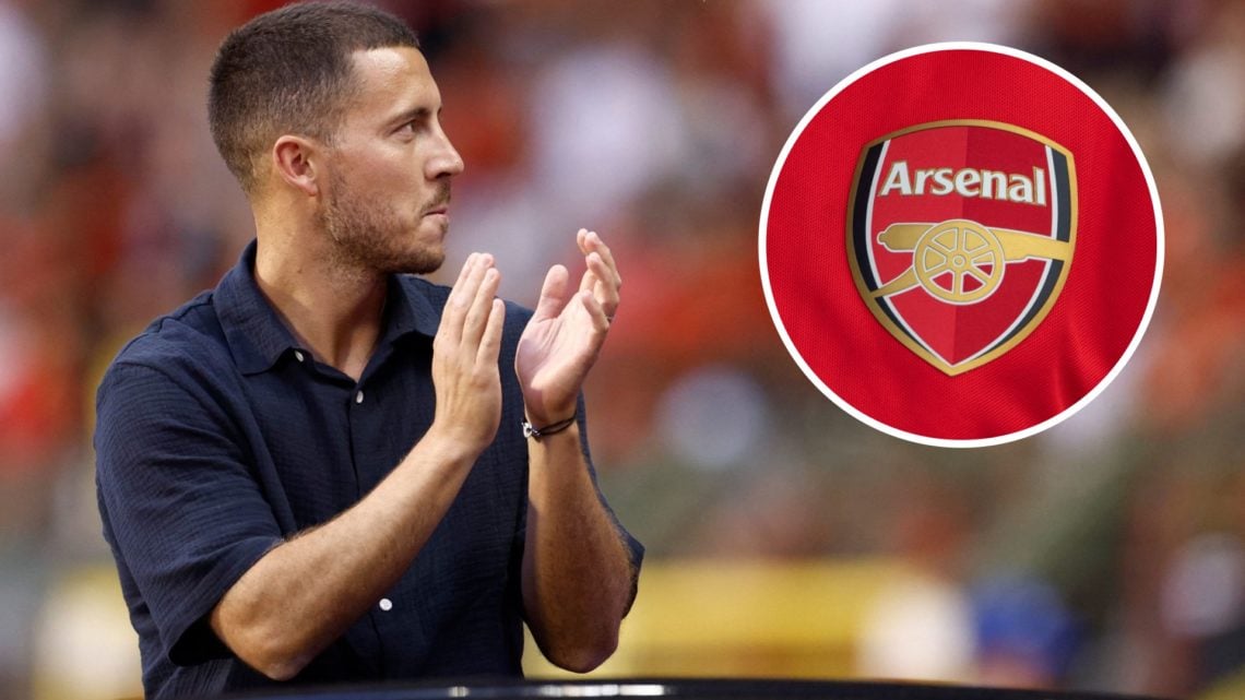 An image of Eden Hazard looking on alongside an Arsenal badge