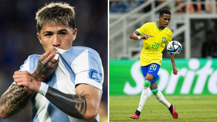 Enzo Fernandez playing for Argentina (left) and Estevao playing for Brazil (right)