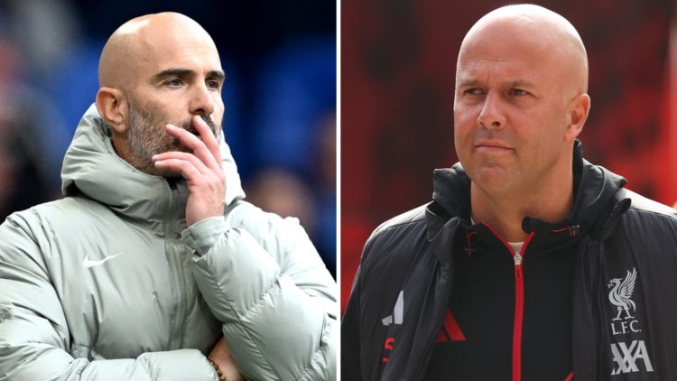 A split image of Chelsea manager Enzo Maresca alongside Liverpool boss Arne Slot