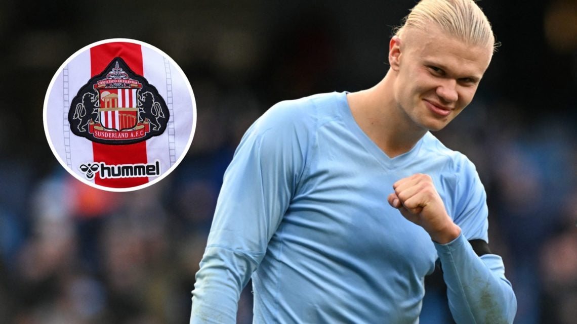 Manchester City's Norwegian striker #09 Erling Haaland celebrates at the end of the English Premier League football match between Manchester City a...