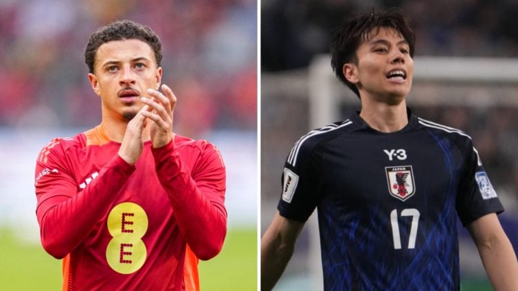 A split image of Ethan Ampadu applauding while playing for Wales alongside Ao Tanaka looking on for Japan