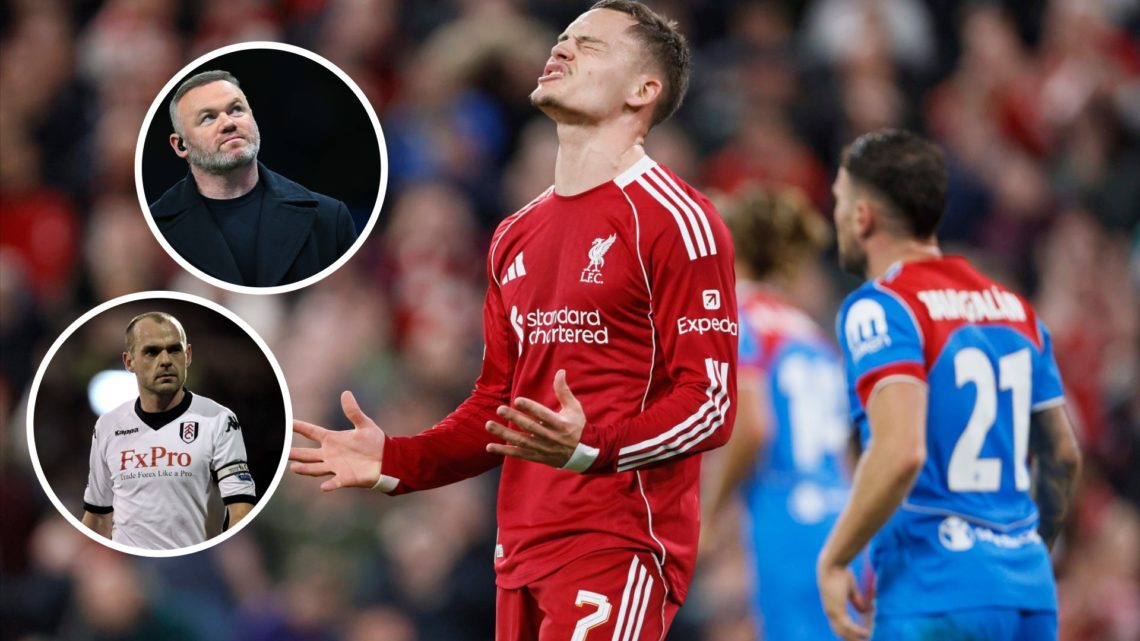 Florian Wirtz frustrated for Liverpool (right) with Danny Murphy and Wayne Rooney overlayed (left)