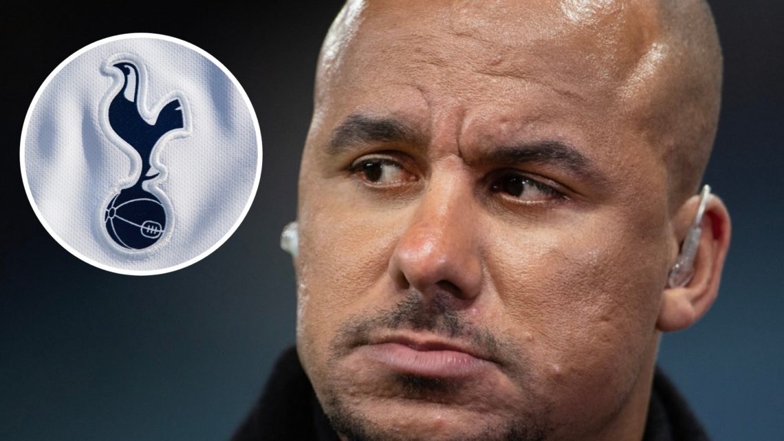Gabriel Agbonlahor working as a pundit. Inset of Tottenham Hotspur badge.