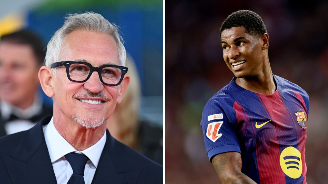 A split image featuring Gary Lineker looking on alongside Marcus Rashford for Barcelona
