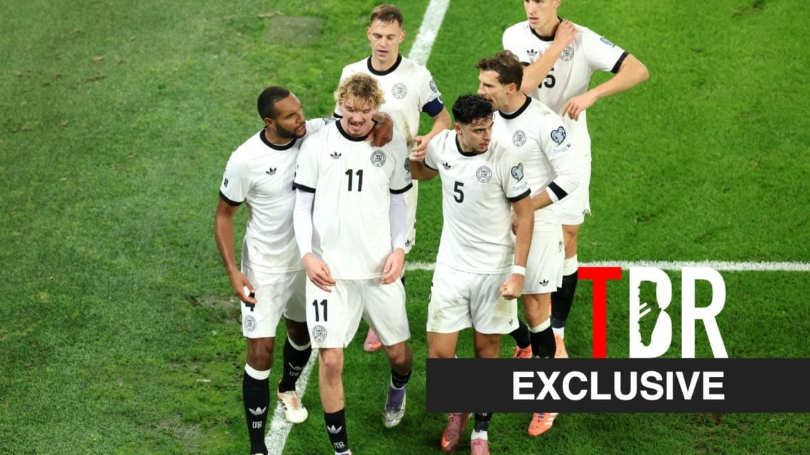 Germany players celebrate after scoring against Northern Ireland, TBR logo and exclusive label inset