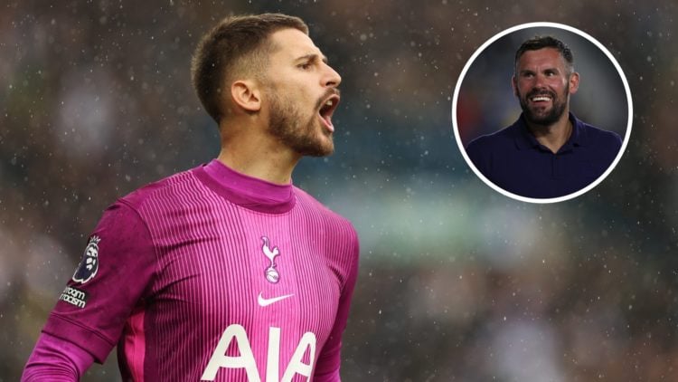Guglielmo Vicario in goal for Tottenham (left) with Ben Foster smiling overlayed (right)