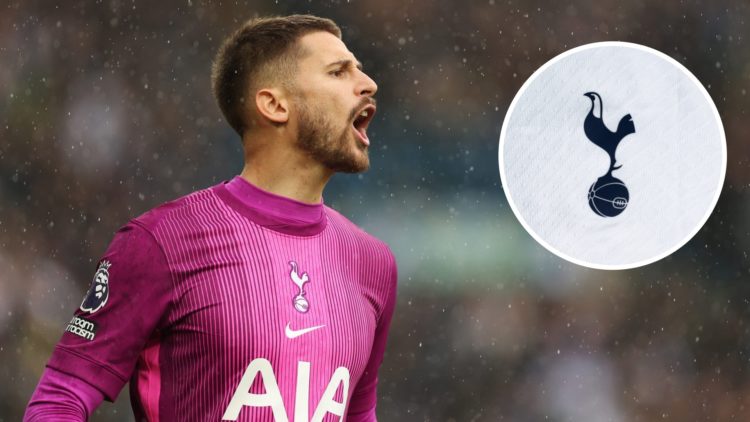 Guglielmo Vicario shouts during a Tottenham match alongside a club badge