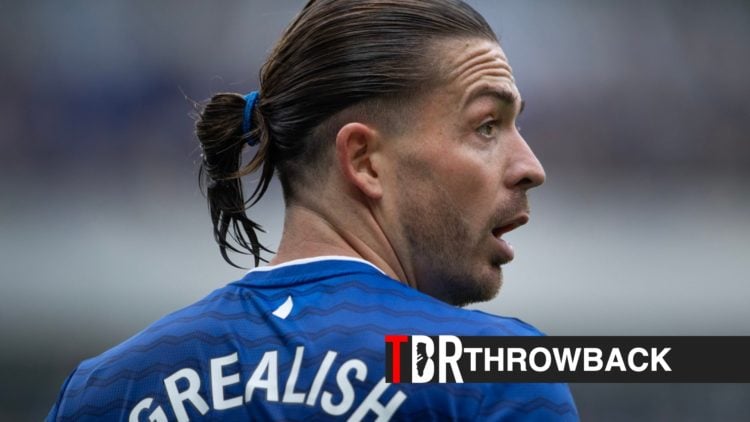 Jack Grealish in action for Everton during a Premier League clash against Crystal Palace, TBR logo and throwback label inset