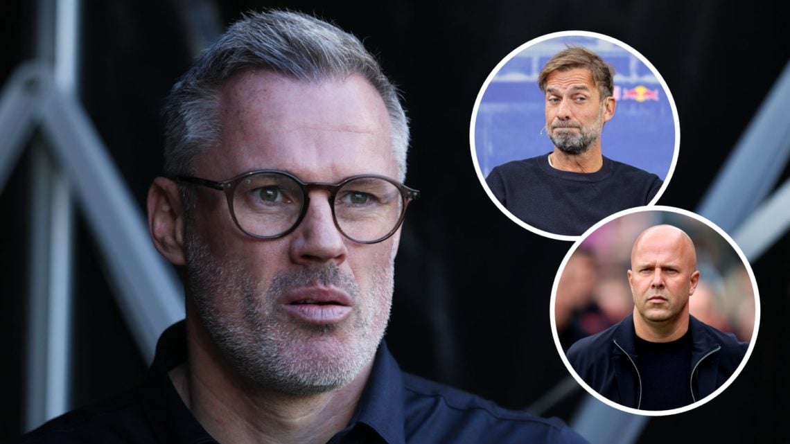 Jamie Carragher, Former Liverpool player and Sky Sports pundit looks on prior to the Premier League match between Fulham FC and Liverpool FC at Cra...