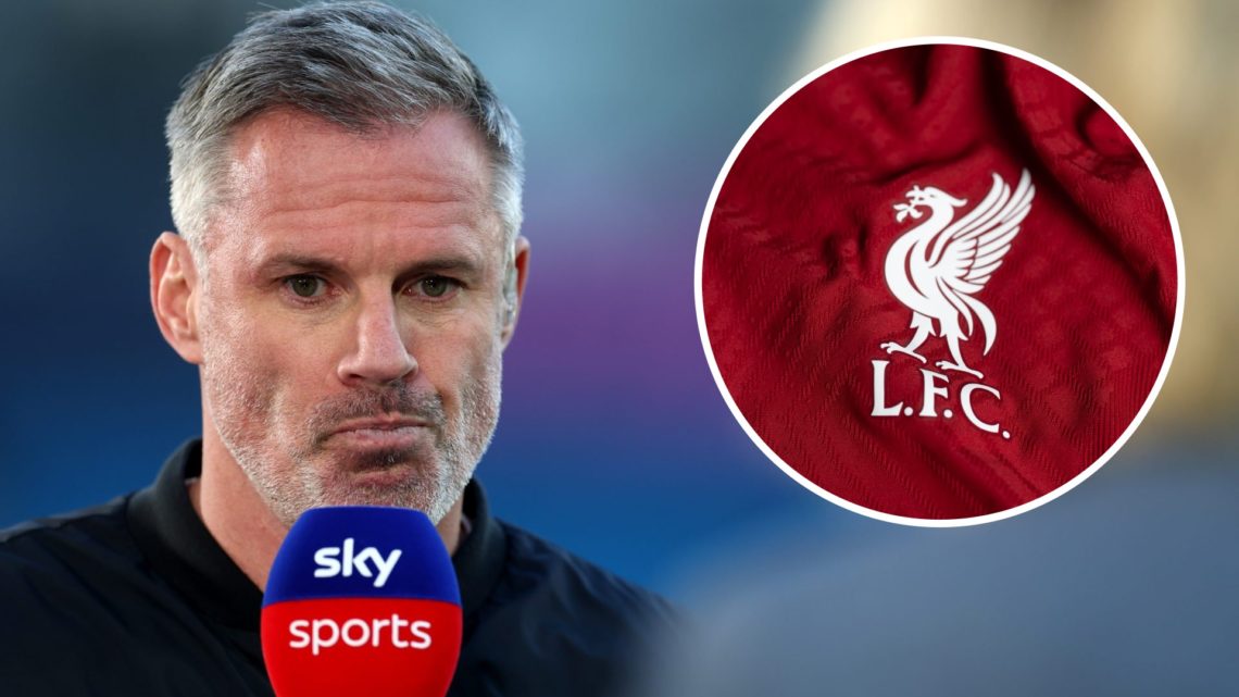 Jamie Carragher looks on before a game as a Sky Sports pundit alongside an inset of a Liverpool badge