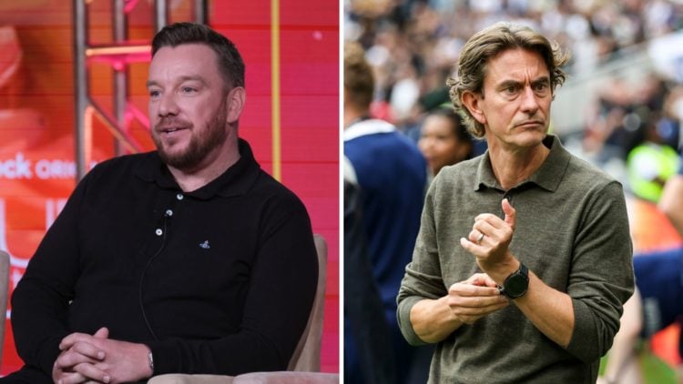 Jamie O'Hara is pictured attending the 2024 TCA Winter Press Tour in Pasadena, California (left), Tottenham head coach Thomas Frank reacts on the t...