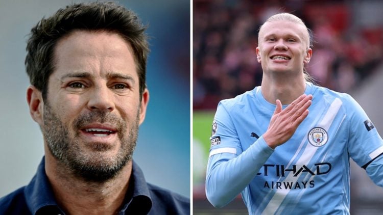 Jamie Redknapp looks on (left) and Erling Haaland of Manchester City celebrates (right)