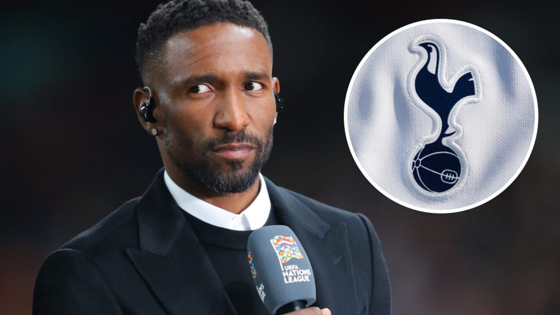 Jermain Defoe working as a pundit. Inset of Tottenham Hotspur badge.