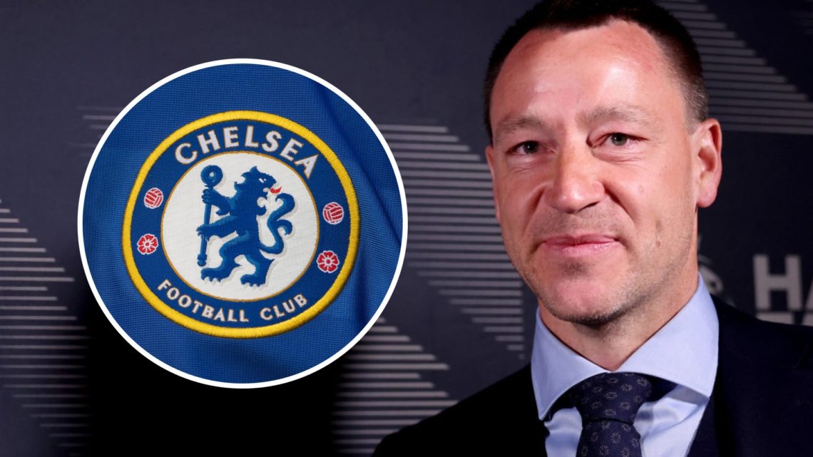 John Terry looks on (right), Chelsea badge (left)