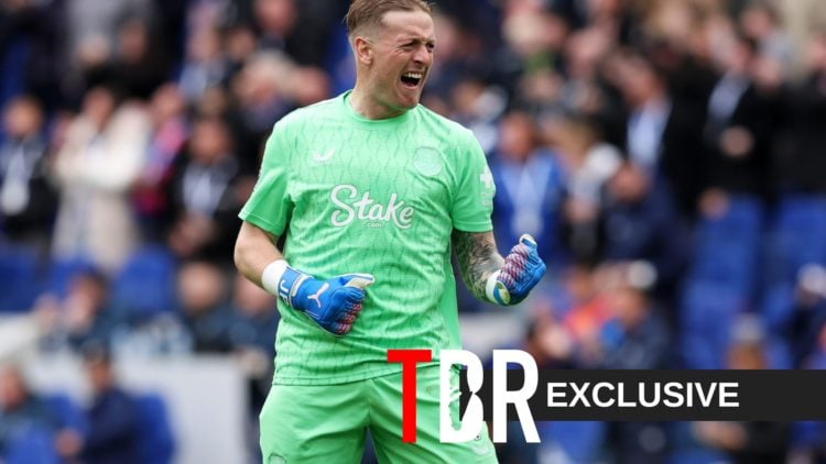 Jordan Pickford celebrates an Everton goal in their victory against Crystal Palace at the Hill Dickinson Stadium