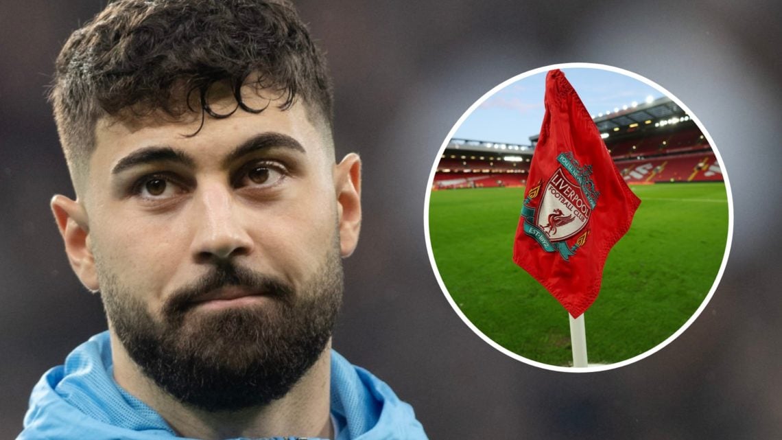 Josko Gvardiol looks on (left), and the Liverpool corner flag at Anfield (right)