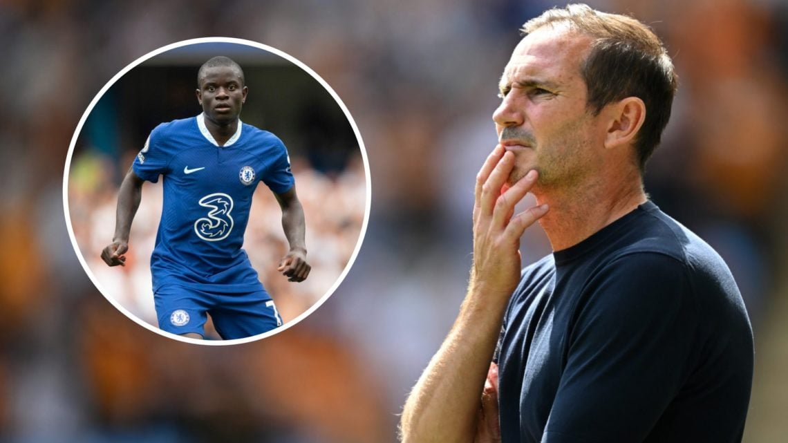 A split image featuring N'Golo Kante playing for Chelsea alongside Frank Lampard looking on during a Coventry match