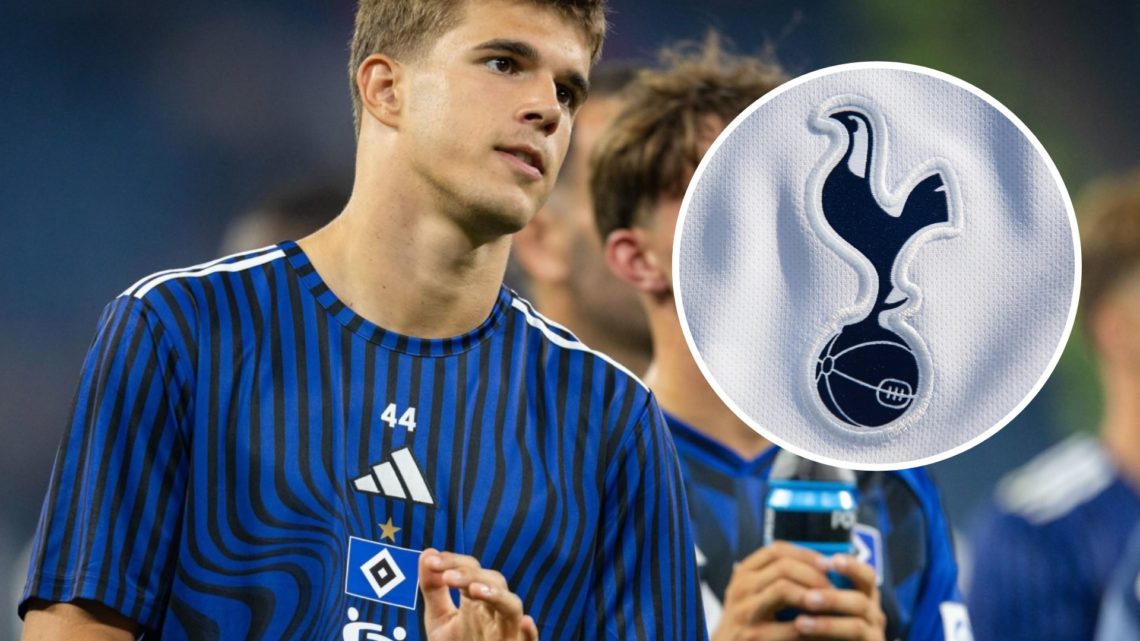 Luka Vuskovic after HSV match. Inset of Tottenham Hotspur badge.