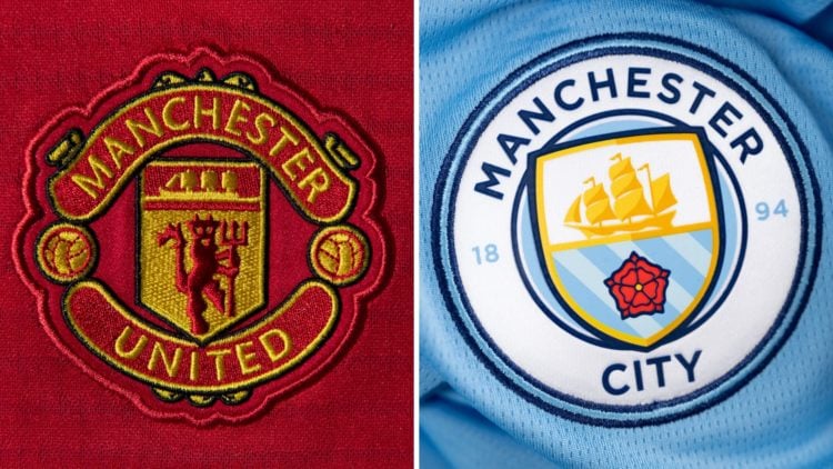 Split image of the Manchester United badge and the Manchester City badge