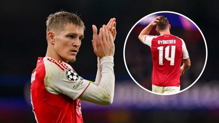 Arsenal captain Martin Odegaard applauds against Olympiacos. Inset, Arsenal striker Viktor Gyokeres