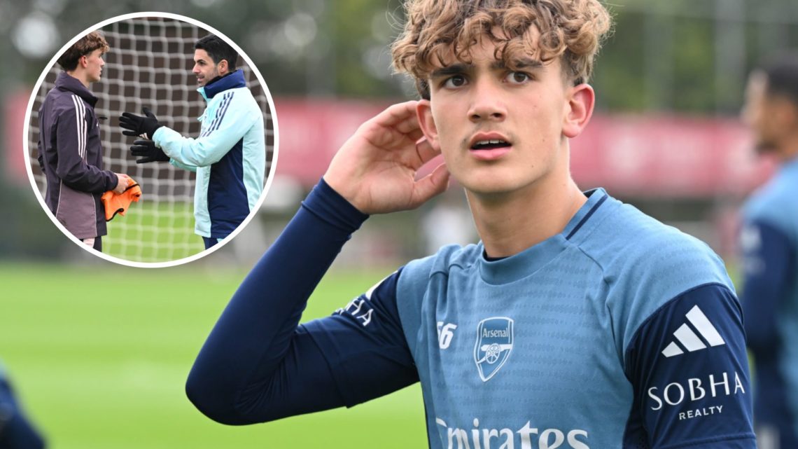 Arsenal's Max Dowman during a training session at Sobha Realty Training Centre, alongside an inset of Mikel Arteta giving advice to Dowman during a...