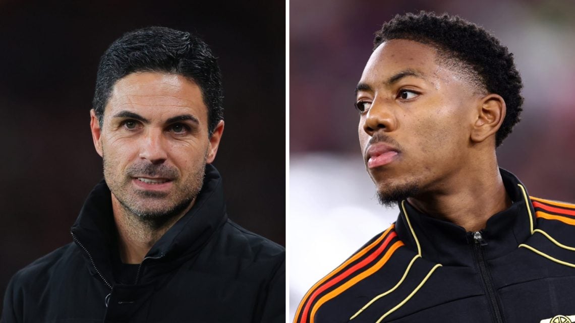 A split image of Arsenal boss Mikel Arteta (L) and Arsenal defender Myles Lewis-Skelly (R)