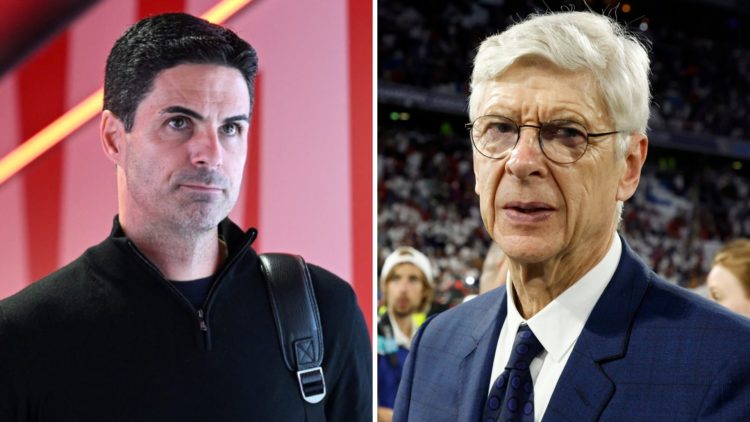 A split image featuring Arsenal managers Mikel Arteta and Arsene Wenger